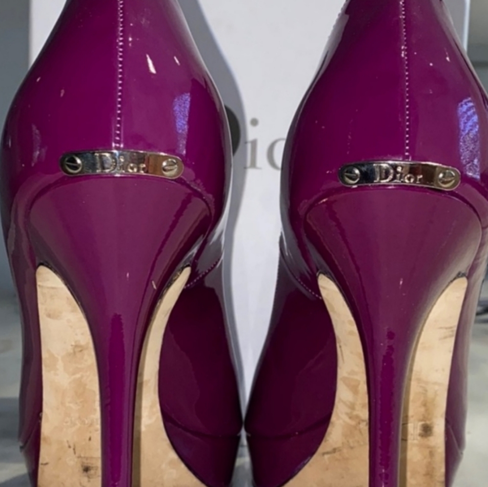 MISS DIOR Logo Classic Peep Toe Pumps Patent Leather Platform Stiletto High Heel - Picture 7 of 16
